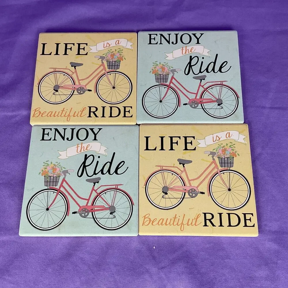 Ceramic Vintage Bike Coasters Set of 4 - Floral Basket Bicycle Home Decor